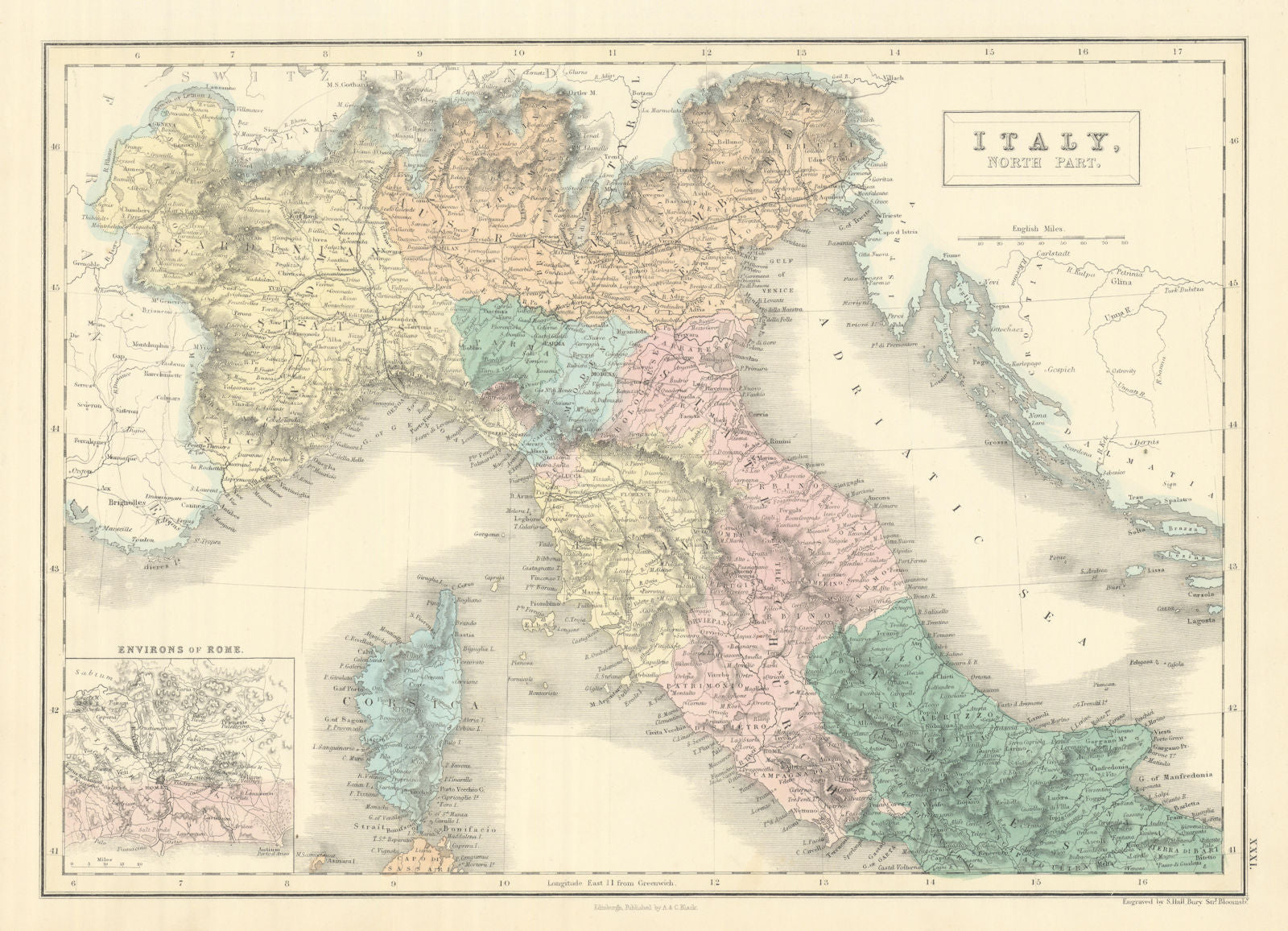 Italy, north part. Savoie Papal states Austrian Lombardy. SIDNEY HALL 1854 map